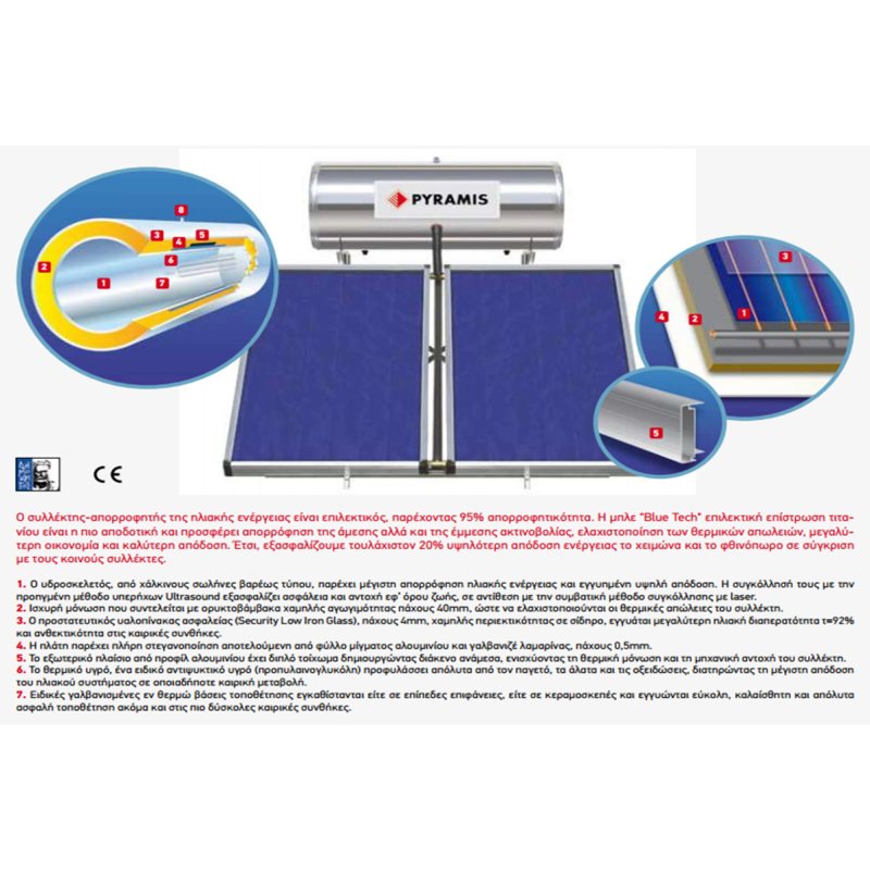 Pyramis 200lt Επιλεκτικού Συλλέκτη 2Χ1,5m2 Διπλής Ενέργειας Ηλιακός Θερμοσίφωνας (026000505) 0001448
