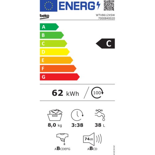 BEKO WTV 8612 XSW Πλυντήριο Ρούχων 8kg - C - 1200/λεπτό - (Υ x Π x Β): 84 x 60 x 54 cm 0022733