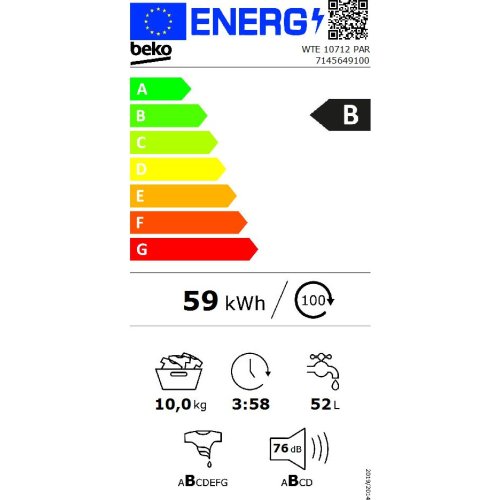 BEKO WTE 10712 PAR Πλυντήριο Ρούχων Λευκό 10kg - 85 x 60 x 64 1400 Στροφές - Β - 0024072