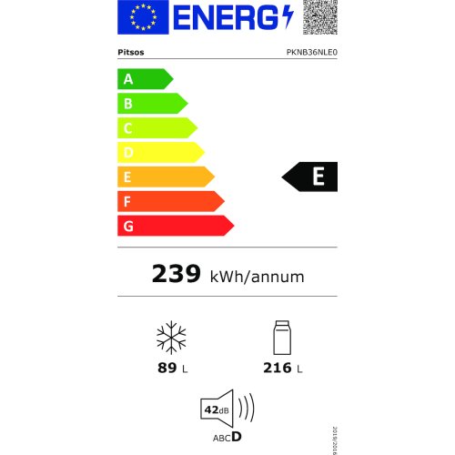 PITSOS PKNB36NLE0 Ψυγειοκαταψύκτης 305 lt - Ε - No Frost - (Υ x Π x Β): (186 x 60 x 66) cm Inox 0024430