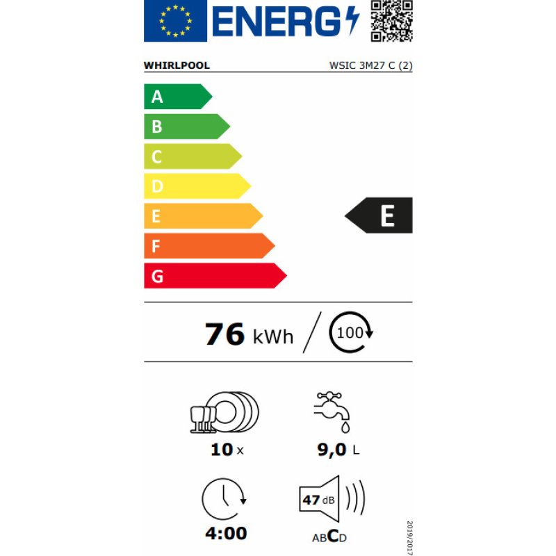 WHIRLPOOL WSIC 3M27 C Πλυντήριο Πιάτων Εντοιχιζόμενο -Ε- 10 Σερβίτσια Inox 45 cm Λευκό 0027604