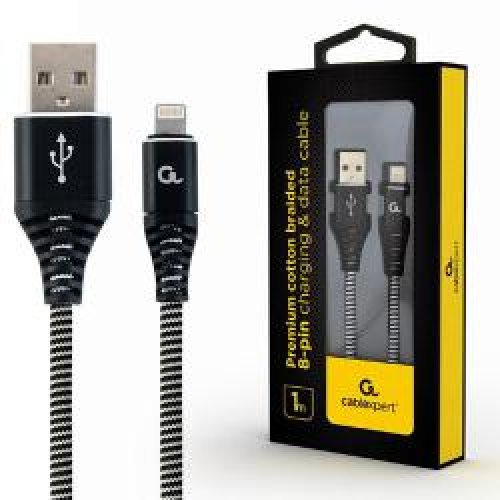 CABLEXPERT  CC-USB2B-AMLM-1M-BW Premium βαμβακερό πλεκτό καλώδιο φόρτισης 8 ακίδων και καλώδιο δεδομένων, 1 m, μαύρο/άσπρο 0030691