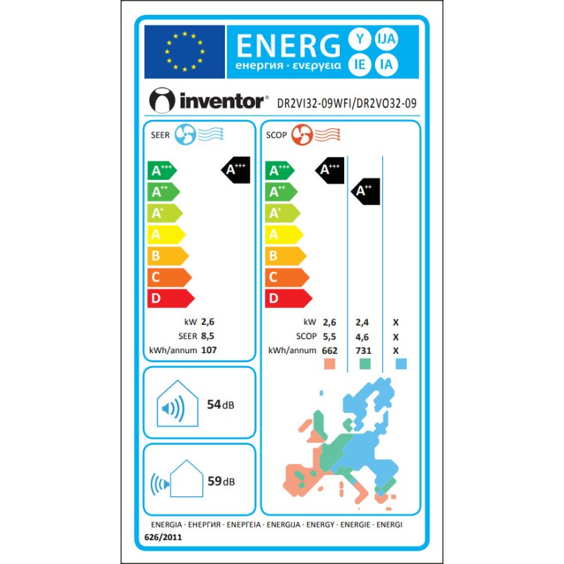 Inventor DR2VI32-09WFI/DR2VO32-09 Κλιματιστικό Inverter 9000 BTU A+++/A++ με Ιονιστή και WiFi Black 0031963