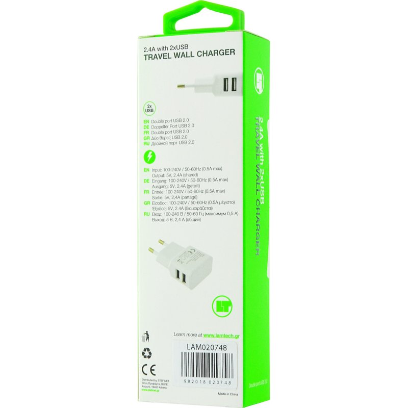 LAMTECH LAM020748 Travel Wall Charger 2.4A με 2 Θύρες Usb 0033558 LAMTECH LAM020748 Travel Wall Charger 2.4A με 2 Θύρες Usb 0033558