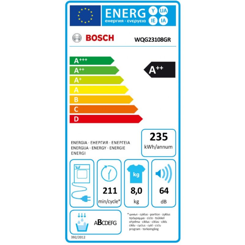 BOSCH WQG23108GR Στεγνωτήριο 8kg A++ με Αντλία Θερμότητας 0034506