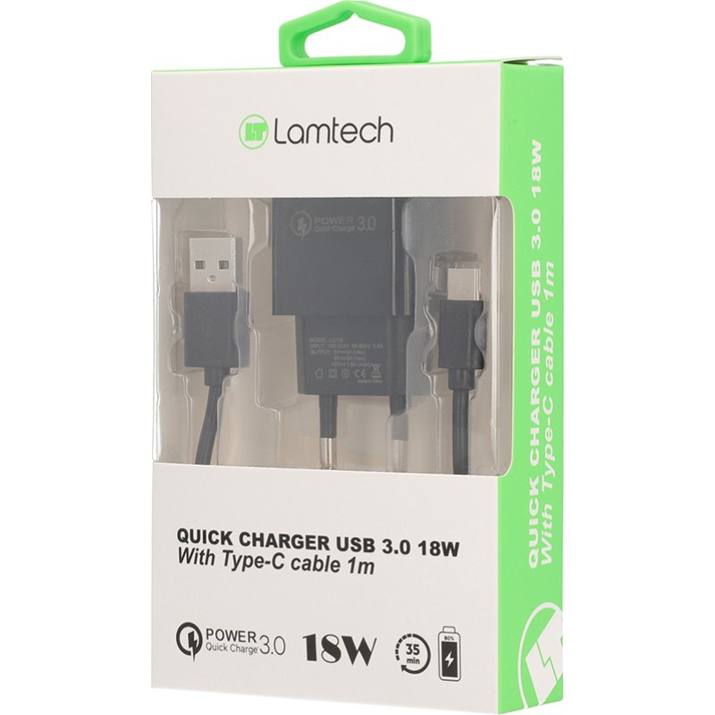 LAMTECH LAM021981 Φορτιστής με Θύρα USB-A και Καλώδιο USB-C 18W Quick Charge 3.0 Μαύρος 0035397