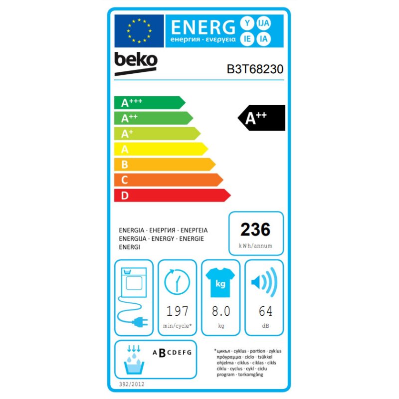 BEKO B3T68230 Στεγνωτήριο 8kg A++ με Αντλία Θερμότητας 0036827