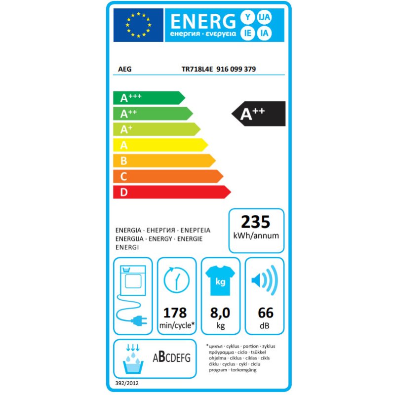 AEG TR718L4E Στεγνωτήριο 8kg A++ με Αντλία Θερμότητας 0037185 AEG TR718L4E Στεγνωτήριο 8kg A++ με Αντλία Θερμότητας 0037185