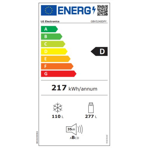 LG GBV5240DPY Ψυγειοκαταψύκτης 419lt No Frost Υ203xΠ59.5xΒ68.2cm Λευκός 0040964