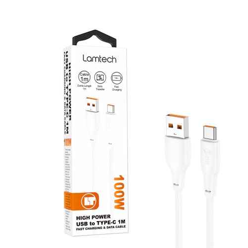 LAMTECH LAM114529 Καλώδιο Φόρτισης και Δεδομένων USB-C - 1m - 100W - Λευκό 0041027