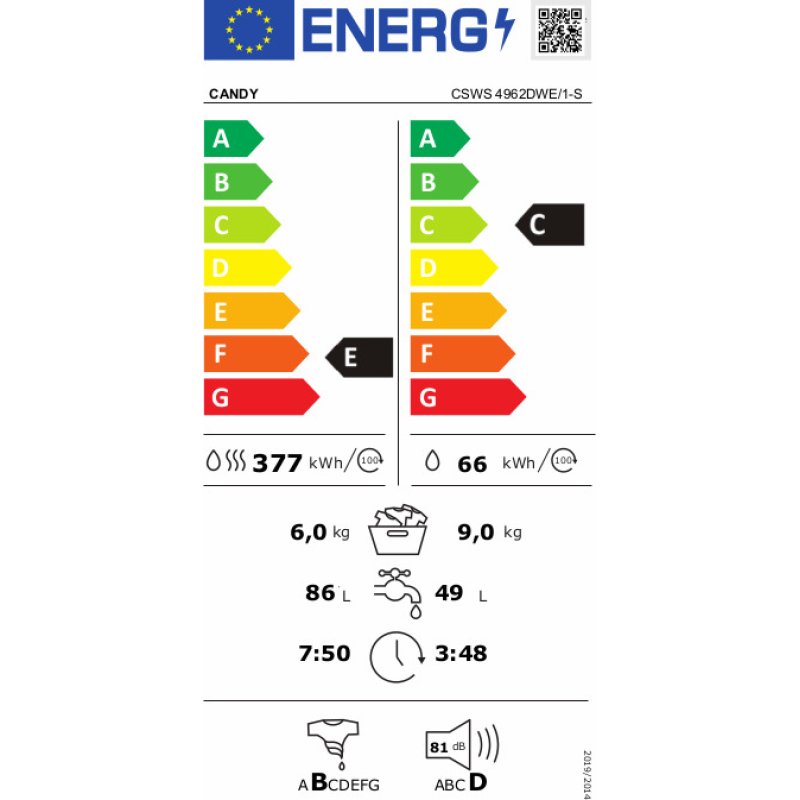 CANDY CSWS4962DWE/1-S Πλυντήριο-Στεγνωτήριο Ρούχων 9kg/6kg Ατμού 1400 Στροφές 0042056 CANDY CSWS4962DWE/1-S Πλυντήριο-Στεγνωτήριο Ρούχων 9kg/6kg Ατμού 1400 Στροφές 0042056