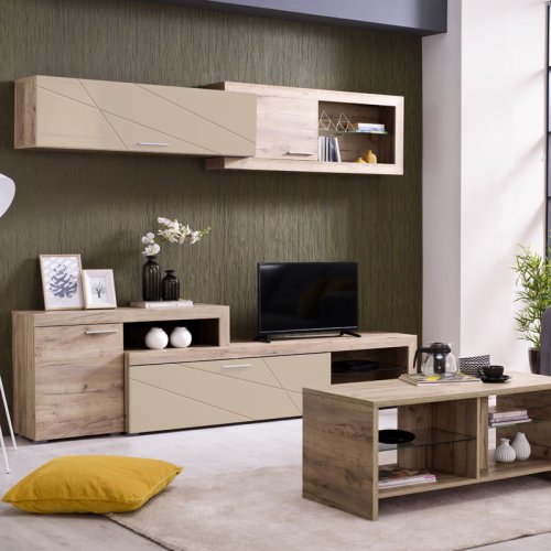 FORMA IDEALE 11007576 Κέντρο Ψυχαγωγίας Kansas Grey Oak - Sand Γυαλιστερό Foil 248.5 x 41.5 x 200