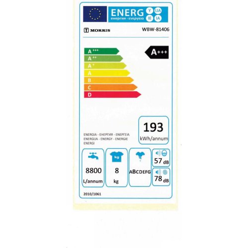 MORRIS WBW-81406 Πλυντήριο Ρούχων 8 kg - A+++ - Στροφές: 1400/λεπτό - (Υ x Π x Β): 85 x 59.5 x 54 cm 0017361